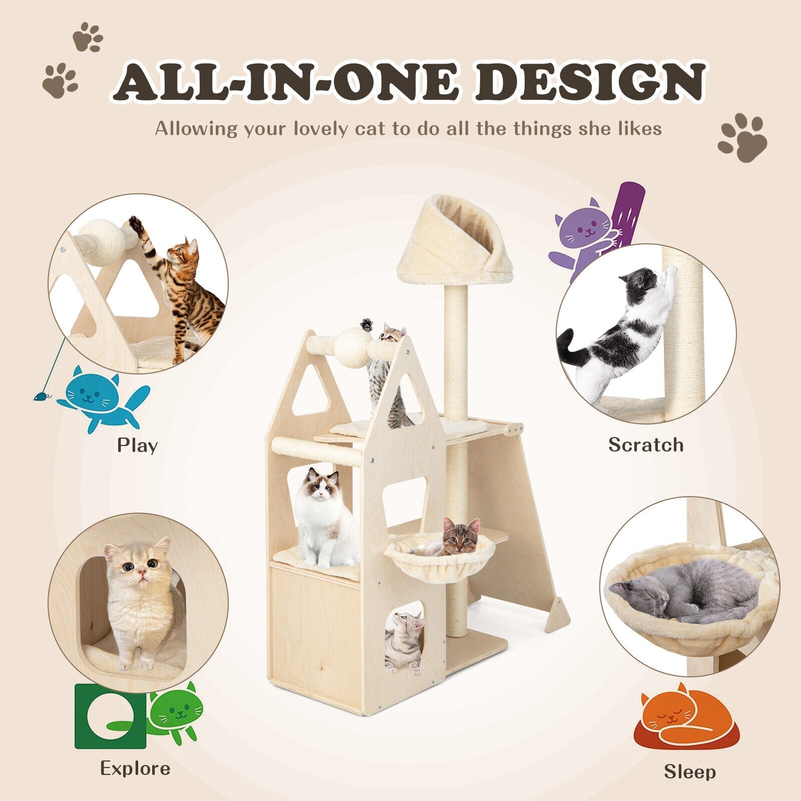 Multi-Level Cat Tree with Sisal Scratching Post-Beige - Majestic Pet Kingdom