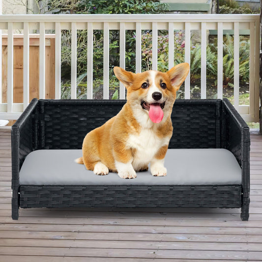Rattan Dog Bed with Waterproof Soft Cushion for Medium Small Dogs Cats-Gray | Purrfect Pet Kingdom