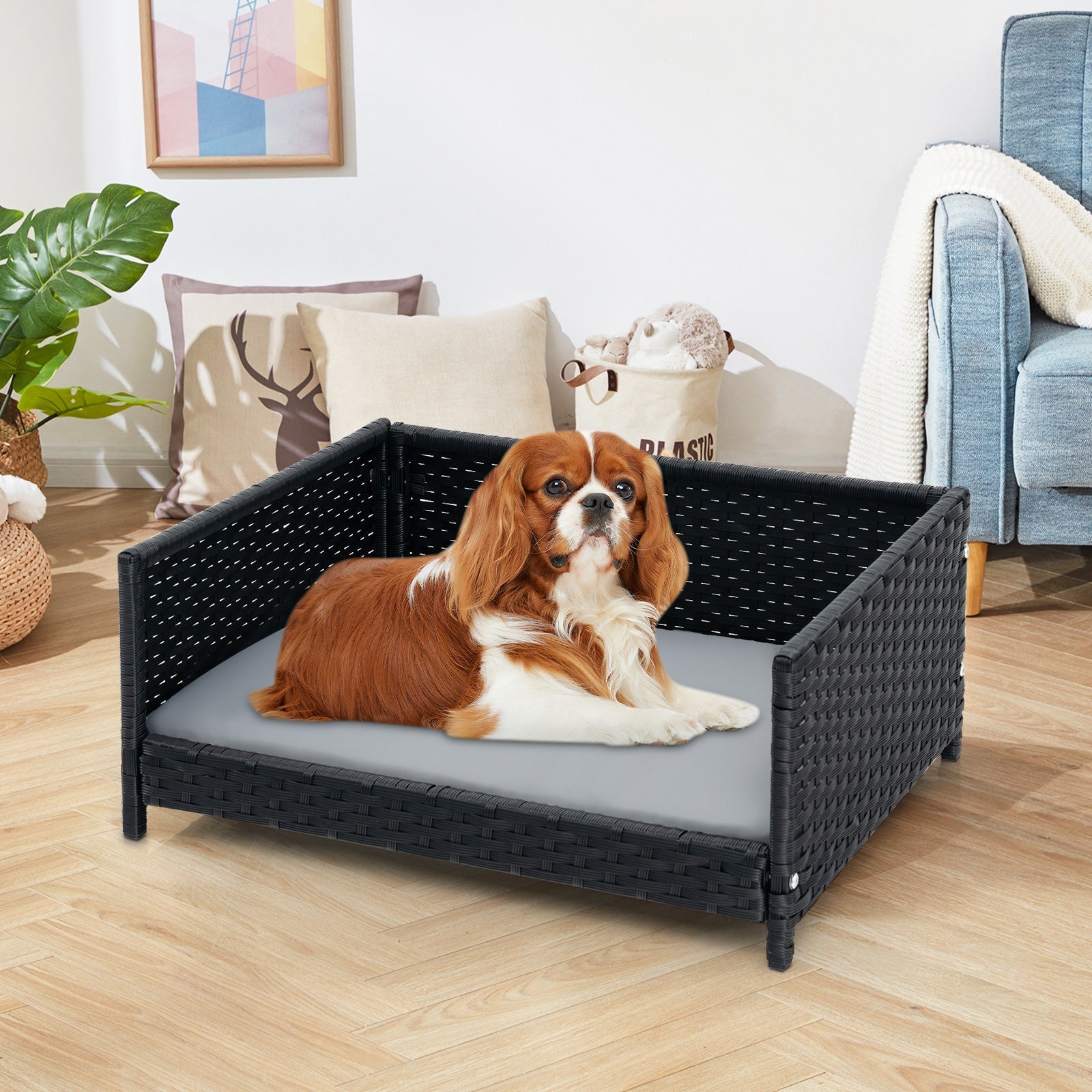 Rattan Dog Bed with Waterproof Soft Cushion for Medium Small Dogs Cats-Gray - Majestic Pet Kingdom