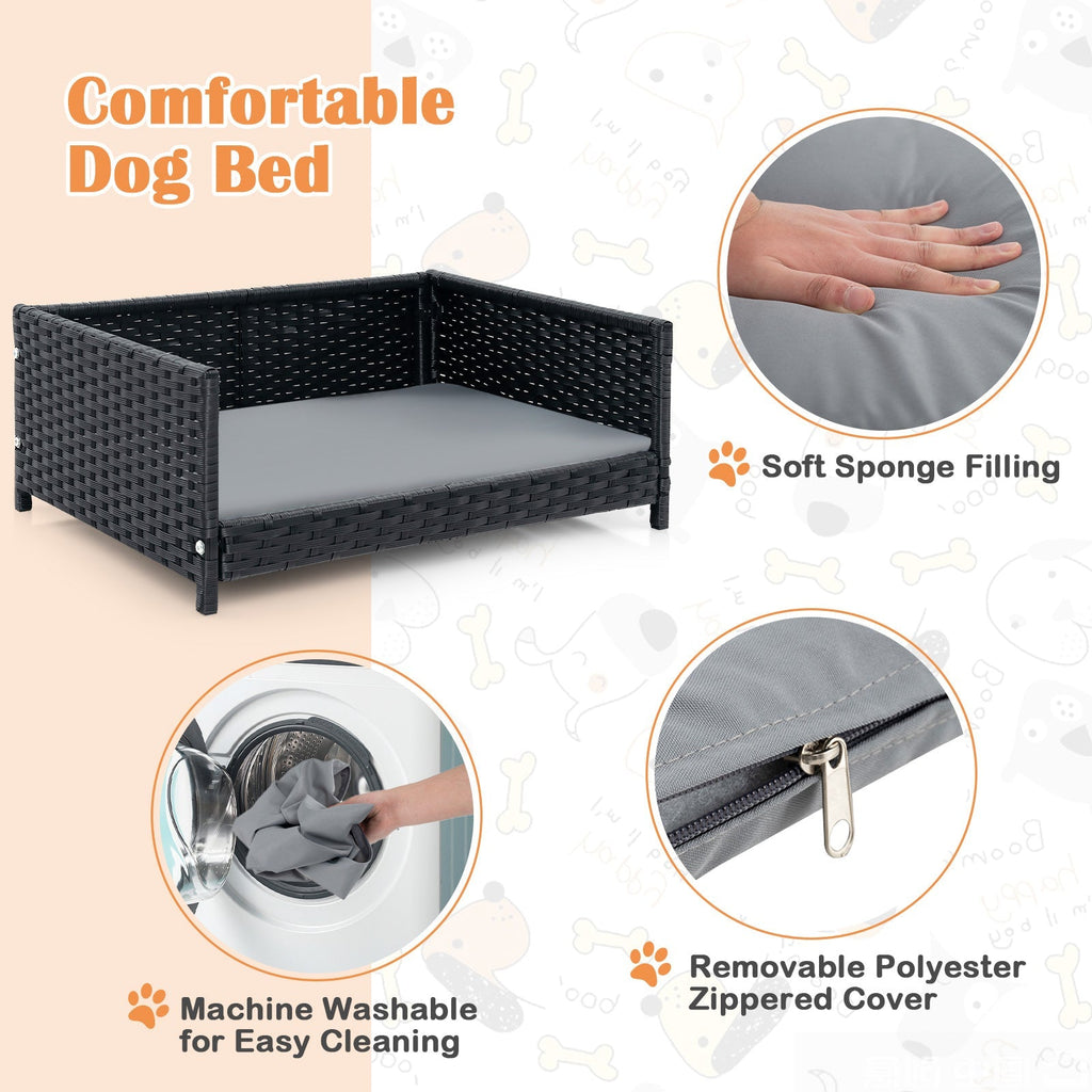 Rattan Dog Bed with Waterproof Soft Cushion for Medium Small Dogs Cats-Gray - Majestic Pet Kingdom