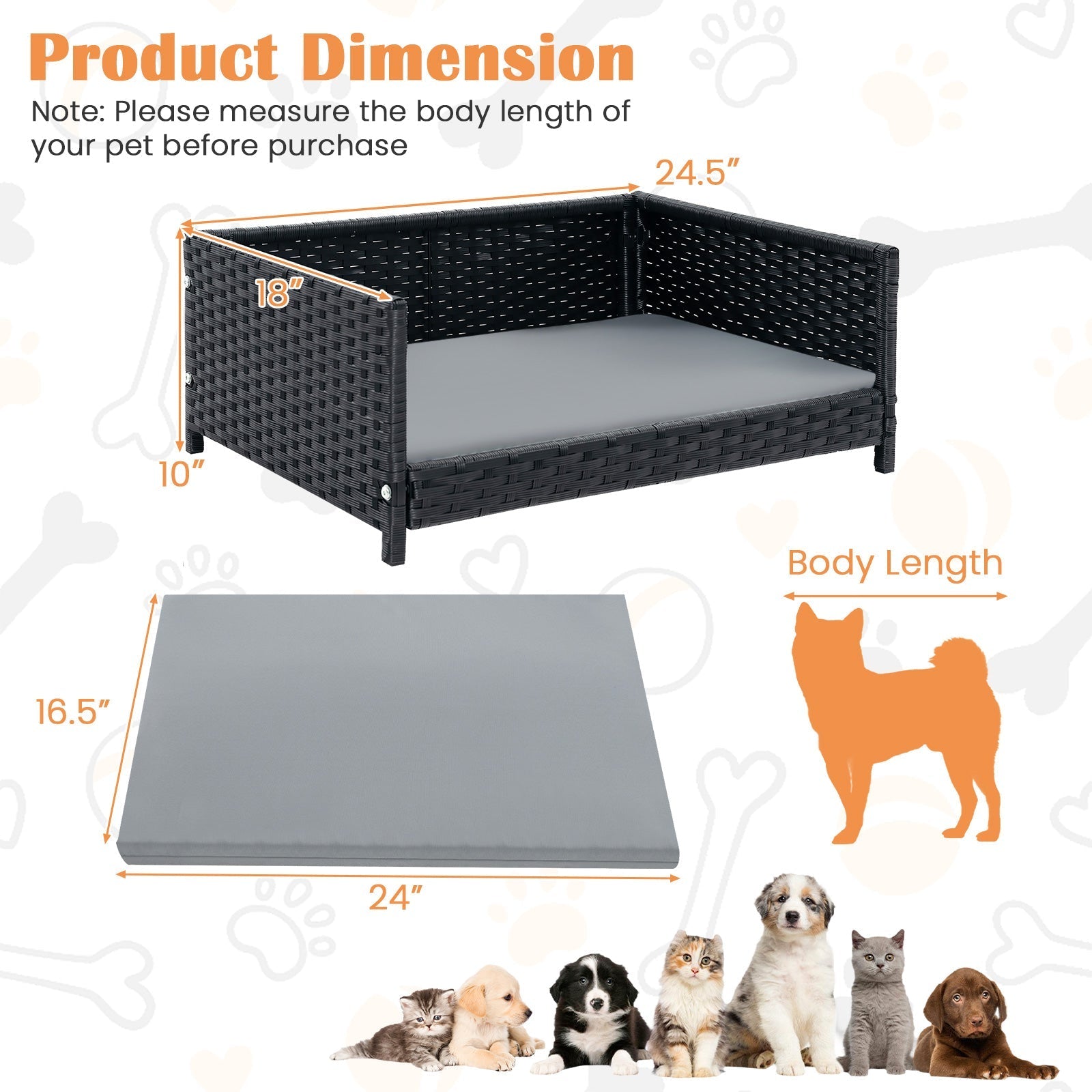 Rattan Dog Bed with Waterproof Soft Cushion for Medium Small Dogs Cats-Gray - Majestic Pet Kingdom