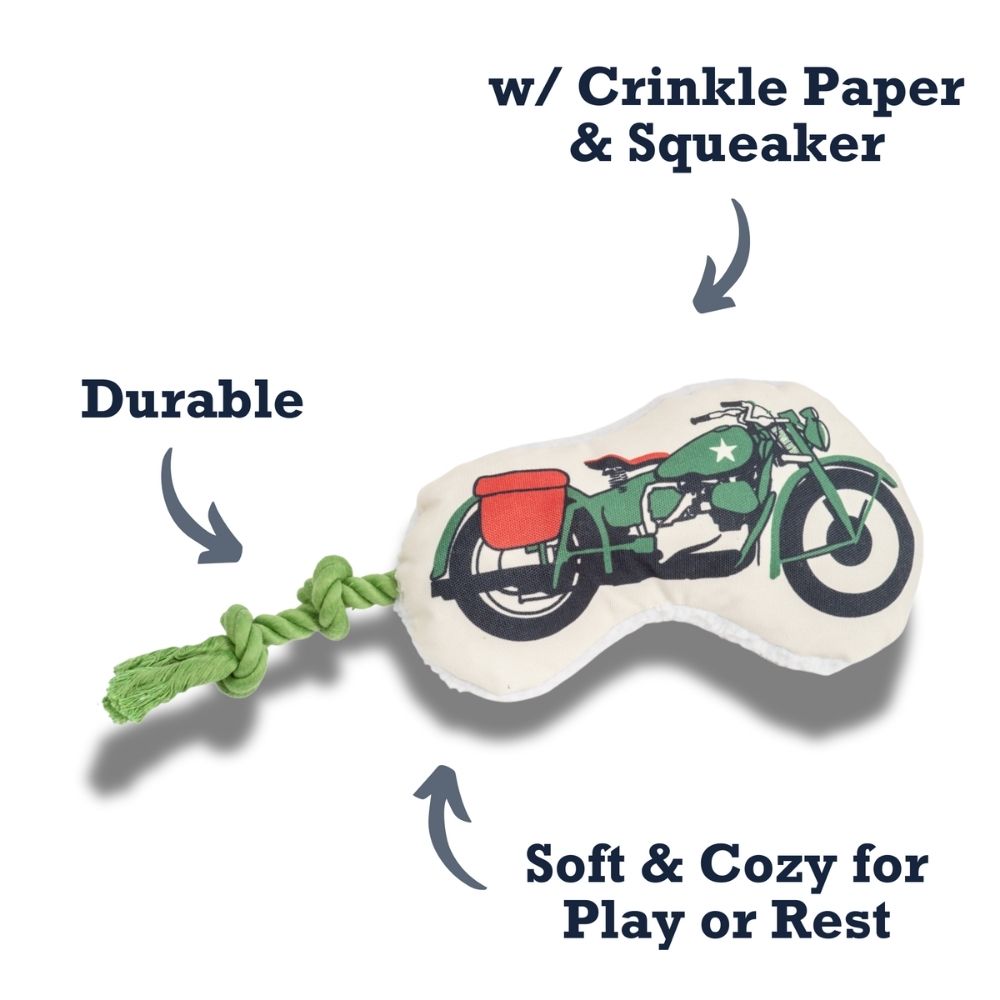 Retro Army Motorcycle Plush Dog Toy with Squeaker Paper