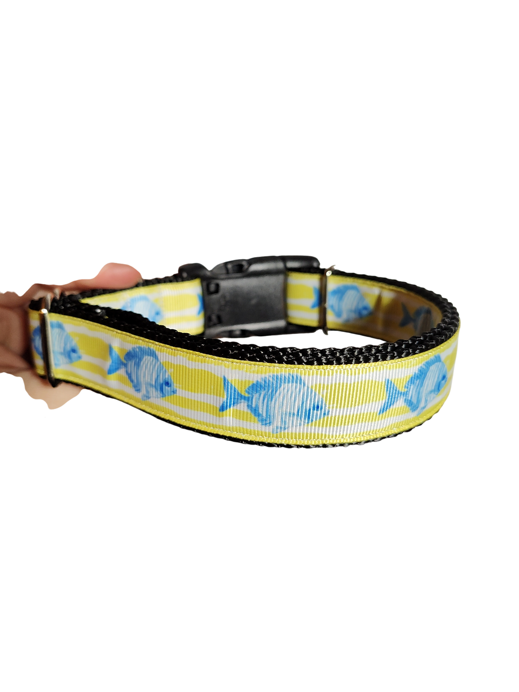 Fish On Yellow Stripes Nylon Dog Collar