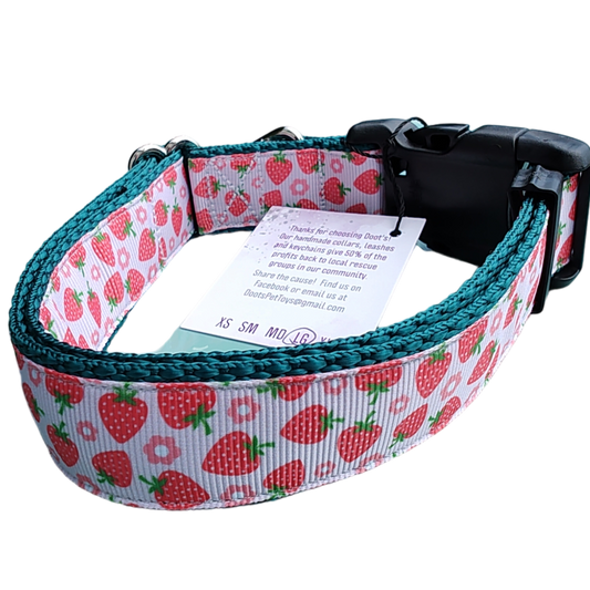 Strawberry Flowers Green Nylon Dog Collar MD, LG, XL, Leash | Purrfect Pet Kingdom