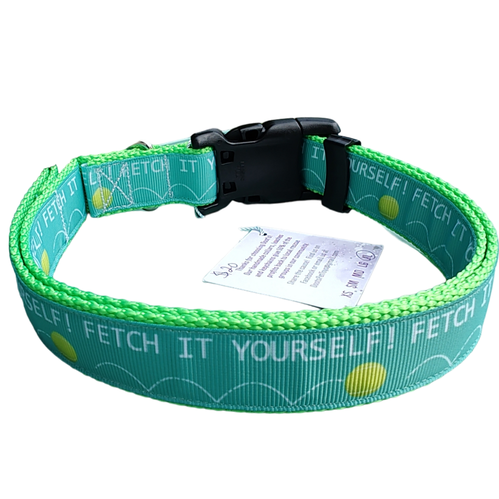 Fetch It Yourself! Neon Green Nylon Dog Collar MD, LG, XL, Leash