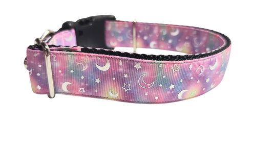 Pink Galaxy Moon and Stars Nylon Dog Collar | Purrfect Pet Kingdom