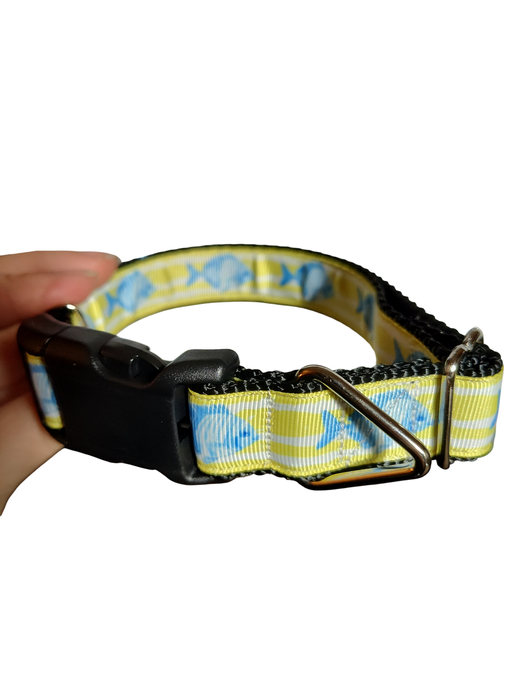 Fish On Yellow Stripes Nylon Dog Collar