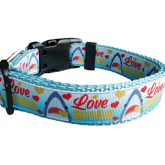 Love Bite Sharks Lt Blue Nylon Dog Collar MD, LG, XL, Leash | Purrfect Pet Kingdom