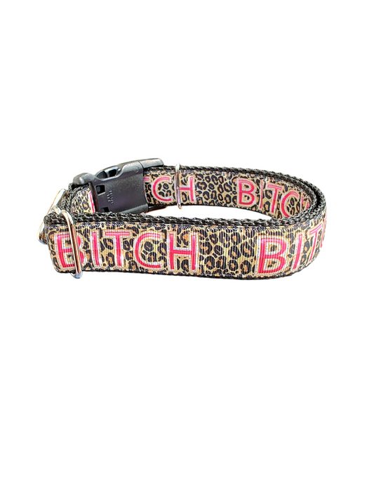 Bitch Leopard Print Nylon Dog Collar | Purrfect Pet Kingdom