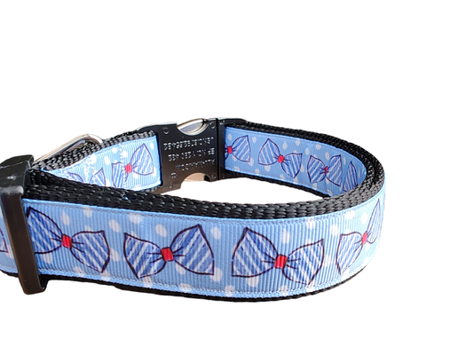 Blue Bow Ties Black Nylon Dog Collar MD, LG, XL, Leash | Purrfect Pet Kingdom