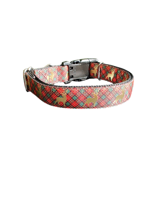 Red and Green Plaid Deer Nylon Dog Collar | Purrfect Pet Kingdom