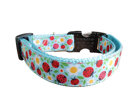 Ladybugs and Daisies Light Blue Nylon Dog Collar MD, LG, XL, Leash | Purrfect Pet Kingdom