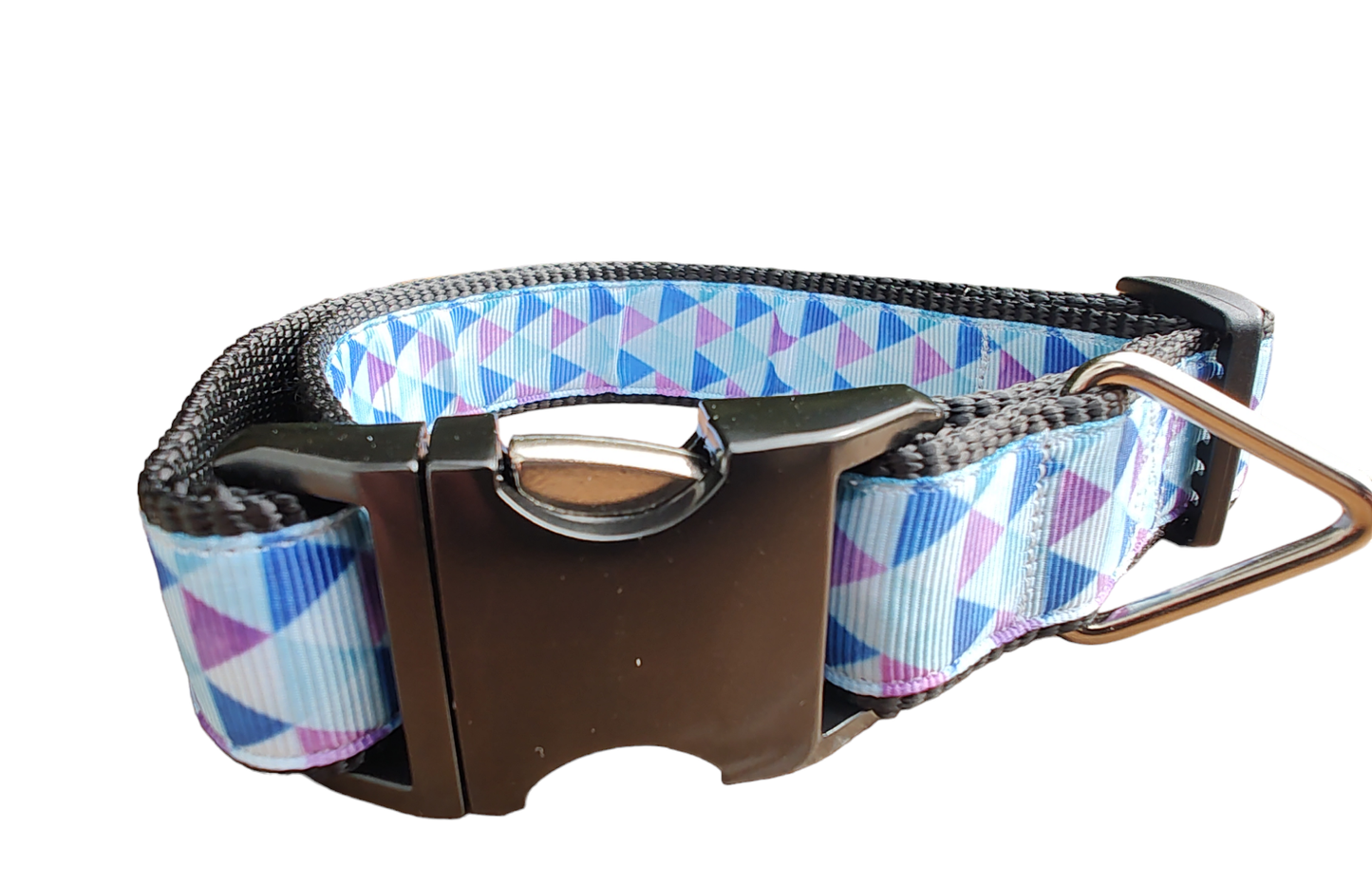 Purple Triangles Black Nylon Dog Collar MD, LG, XL, Leash | Purrfect Pet Kingdom