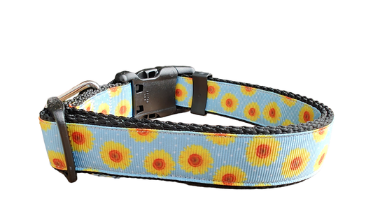 Yellow Flowers Black Nylon Dog Collar MD, LG, XL, Leash | Purrfect Pet Kingdom