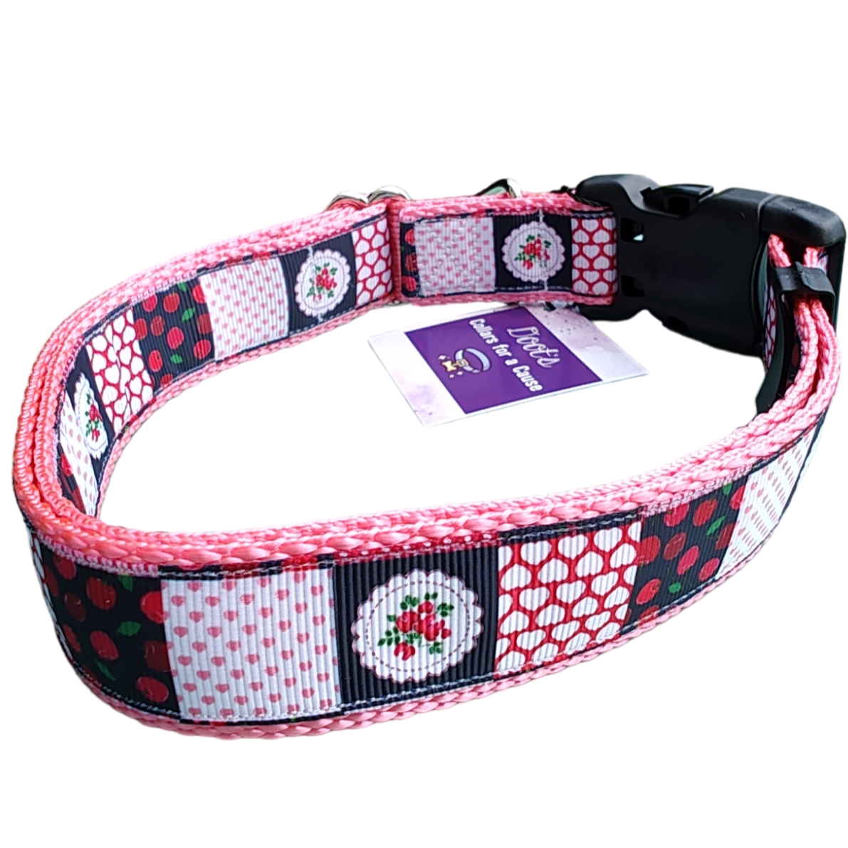 Patchwork Cherries Pink Nylon Dog Collar MD, LG, XL, Leash | Purrfect Pet Kingdom