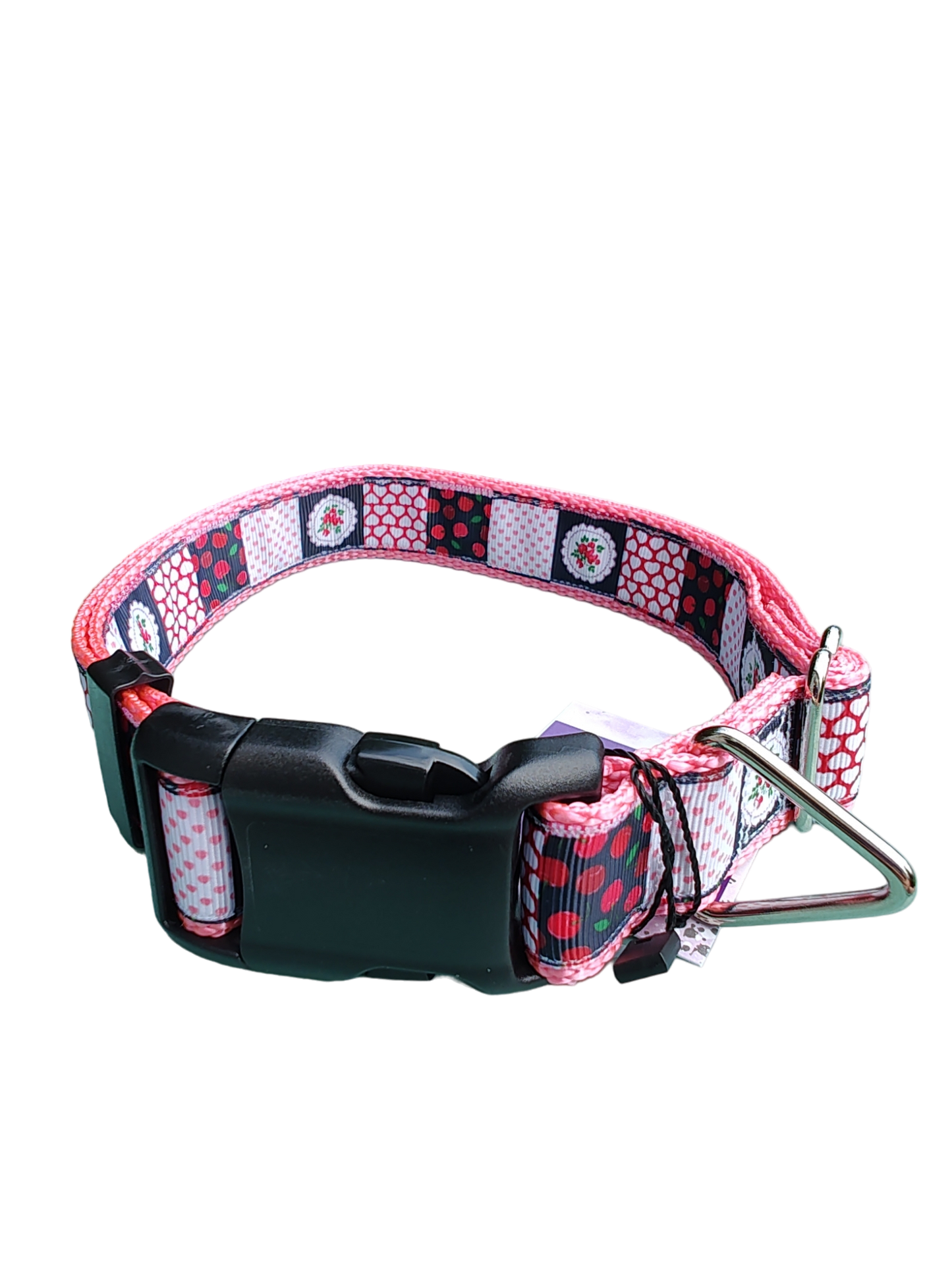 Patchwork Cherries Pink Nylon Dog Collar MD, LG, XL, Leash | Purrfect Pet Kingdom