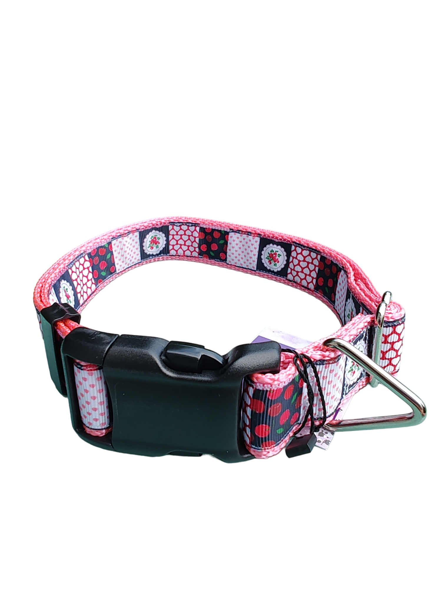 Patchwork Cherries Pink Nylon Dog Collar MD, LG, XL, Leash | Purrfect Pet Kingdom