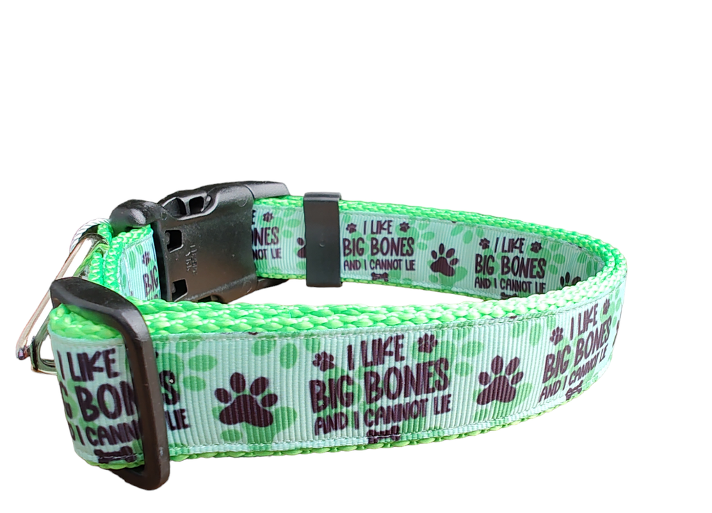 I Like Big Bones And I Cannot Lie Neon Green Nylon Dog Collar MD, LG, XL, Leash