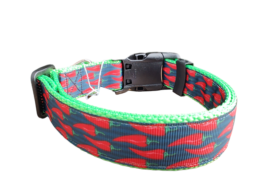 Spicy Red Pepper Neon Green Nylon Dog Collar MD, LG, XL, Leash | Purrfect Pet Kingdom