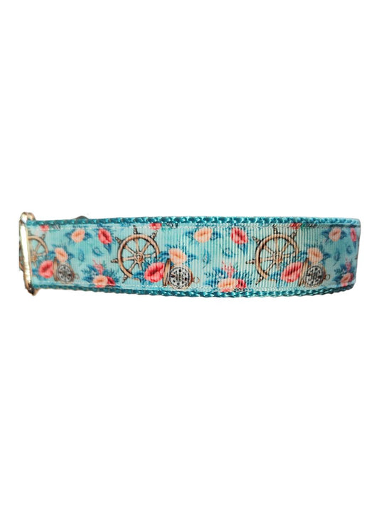 Dog Collar Ship Wheels and Compass Nautical Print Nylon Band