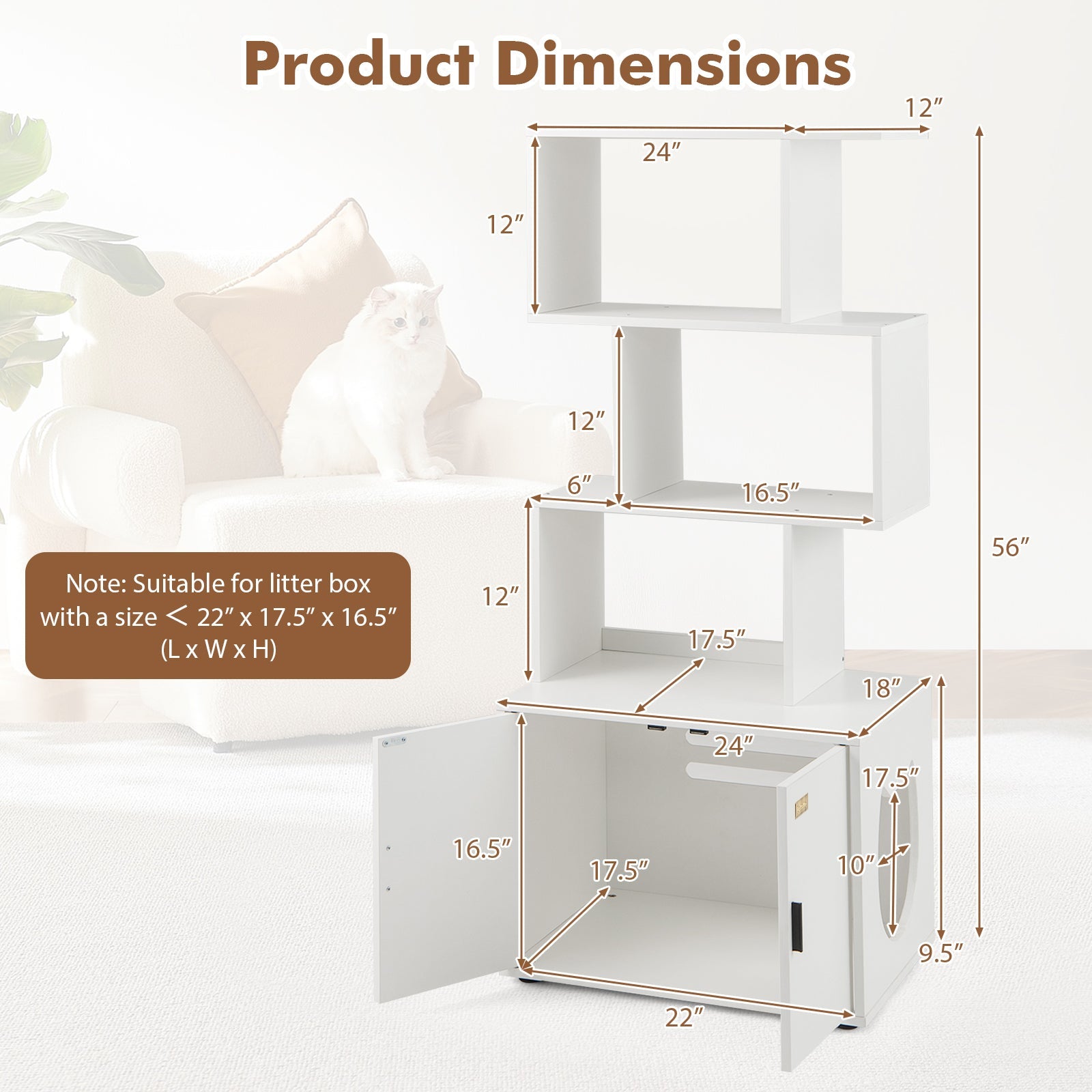 56 Inch Tall Cat Litter Box Enclosure with Storage