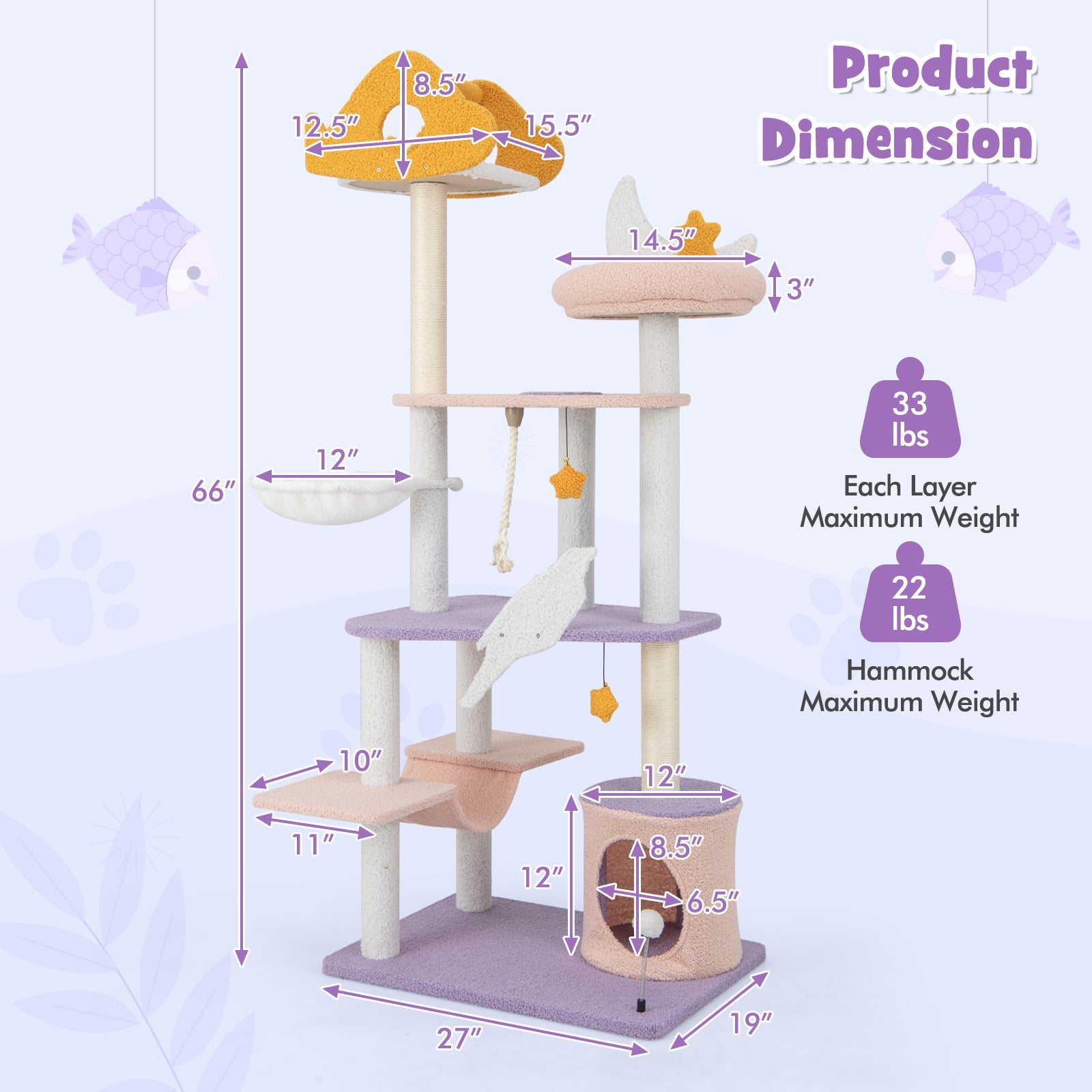 66 Inch Cute Cat Tree Cats Multi-level Tall Cat Tower with Sisal Covered Scratching Posts-Purple - Majestic Pet Kingdom