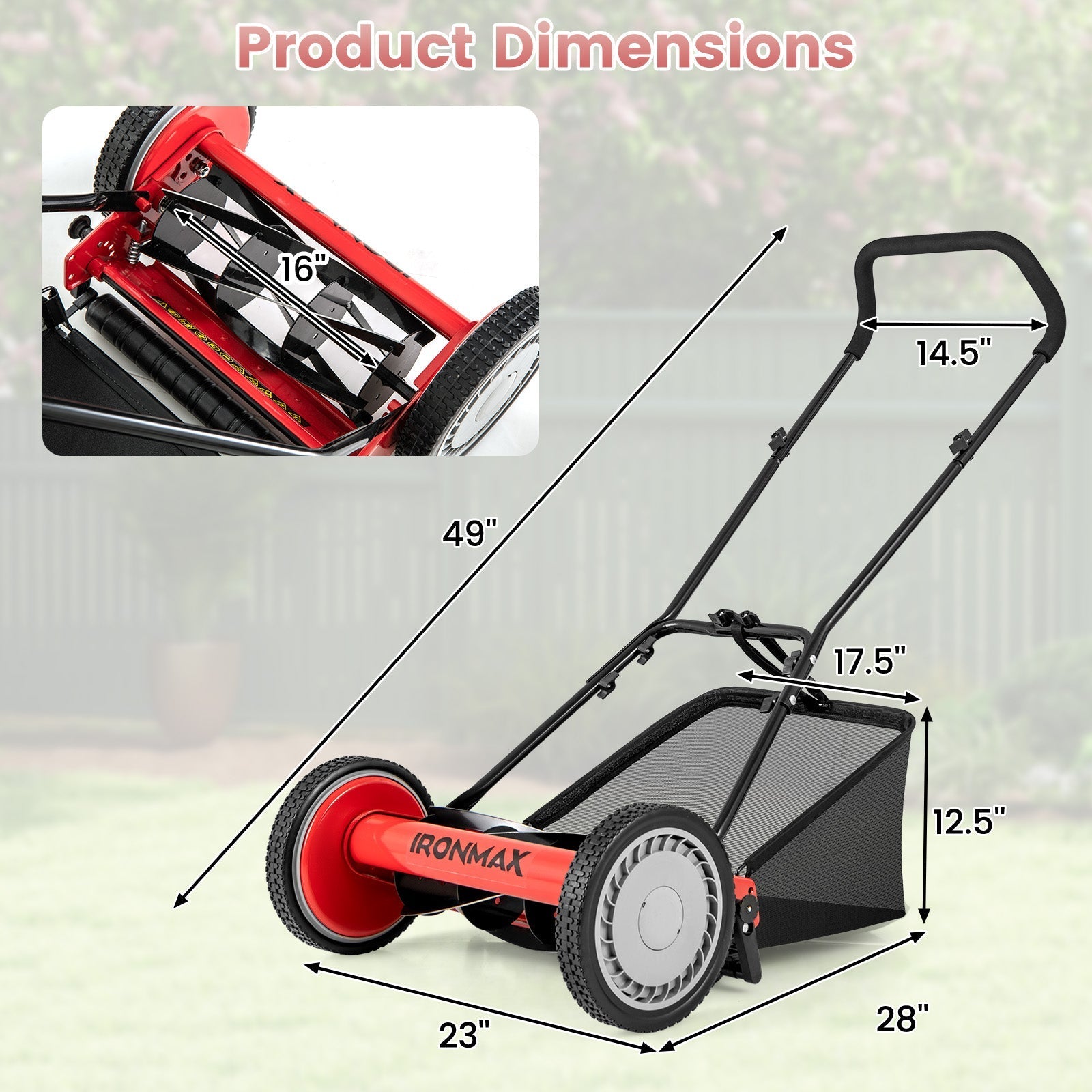 16 Inch Push Lawn Mower with 5 Steel Blades and Grass Catcher Bag