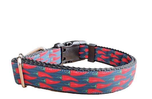 Dog Collar Spicy Red Chili Pepper Black Background Printed Nylon