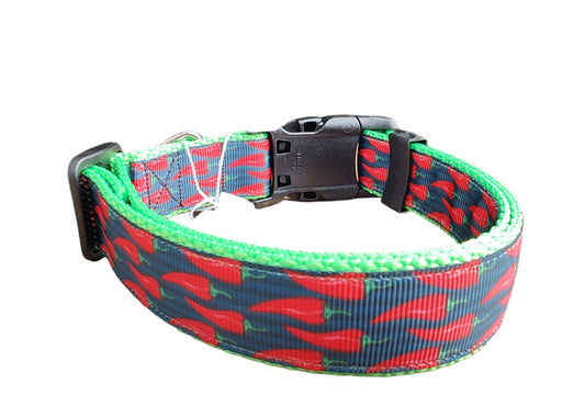 Dog Collar Spicy Red Chili Pepper Neon Green Food Pattern Nylon