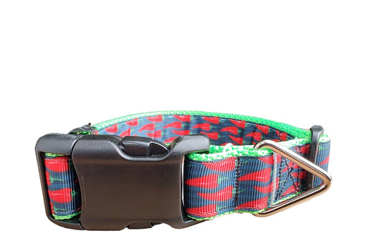 Dog Collar Spicy Red Chili Pepper Neon Green Food Pattern Nylon
