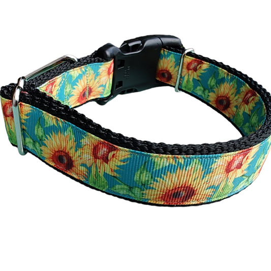 Dog Collar Sunflower Skies Bright Botanical Floral Print Nylon
