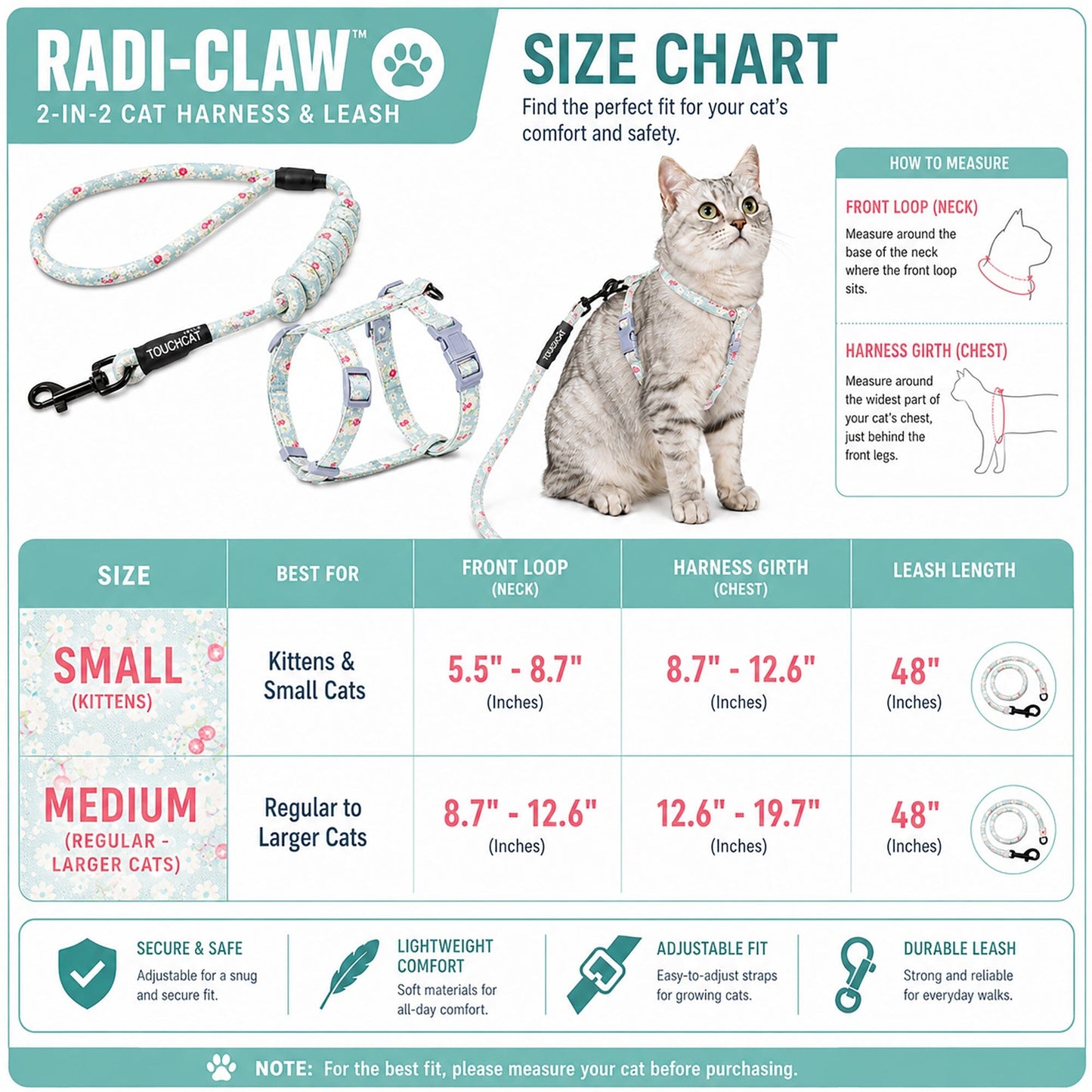 Touchcat 'Radi-Claw' Durable Cable Cat Harness and Leash Combo
