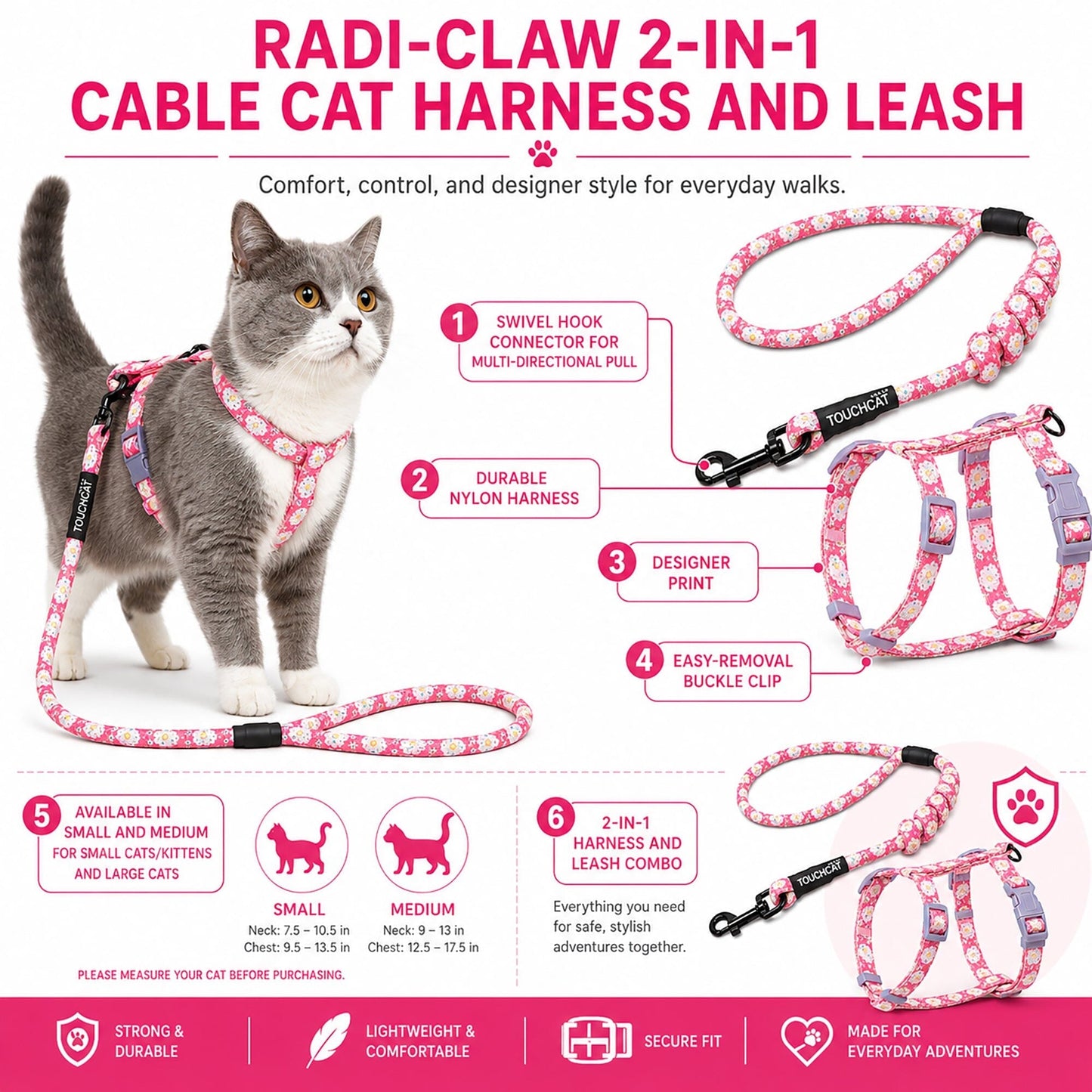 Touchcat 'Radi-Claw' Durable Cable Cat Harness and Leash Combo