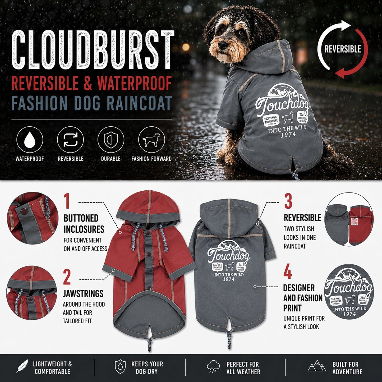 Touchdog 'Cloudburst' Reversible Fashion Waterproof Dog Raincoat