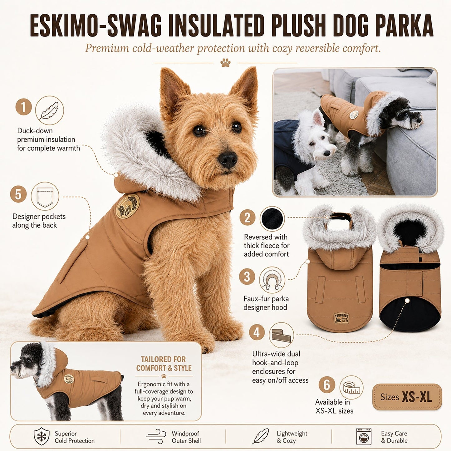 Touchdog 'Eskimo-Swag' Duck-Down Insulated Winter Dog Coat Parka