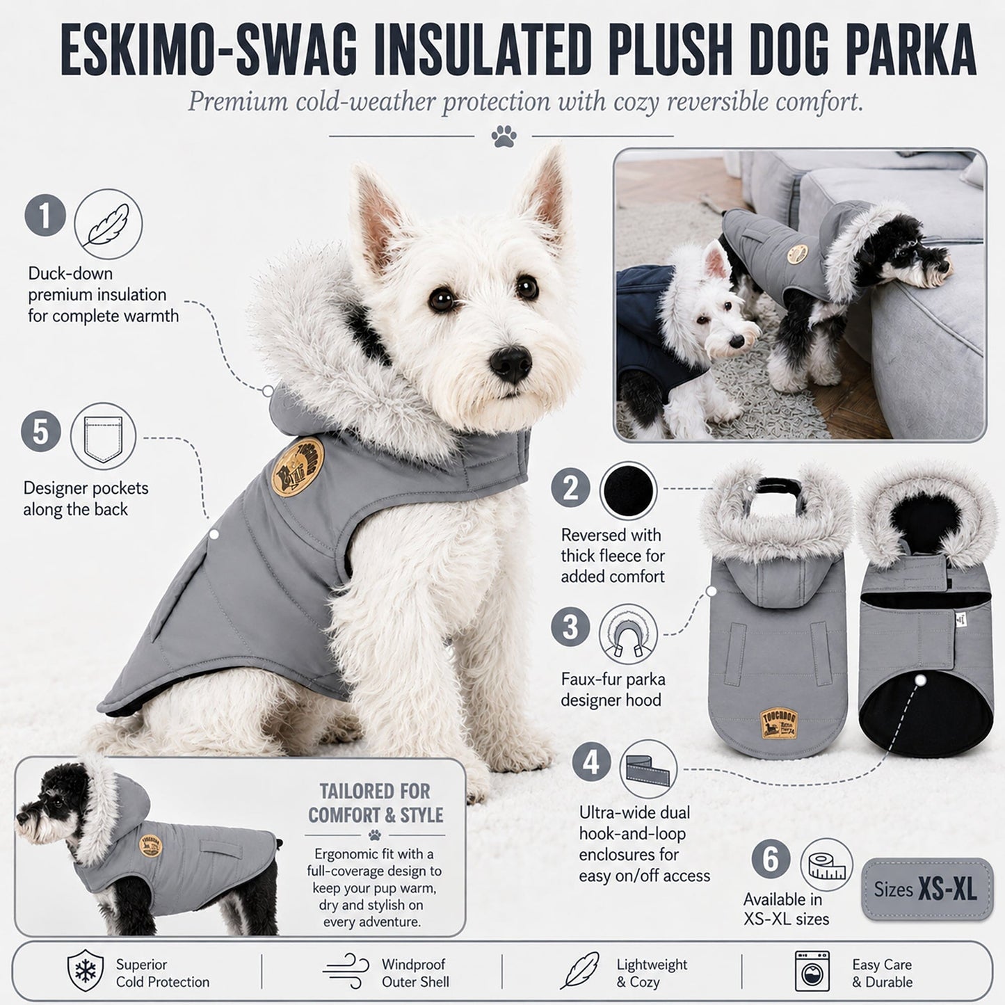Touchdog 'Eskimo-Swag' Duck-Down Insulated Winter Dog Coat Parka