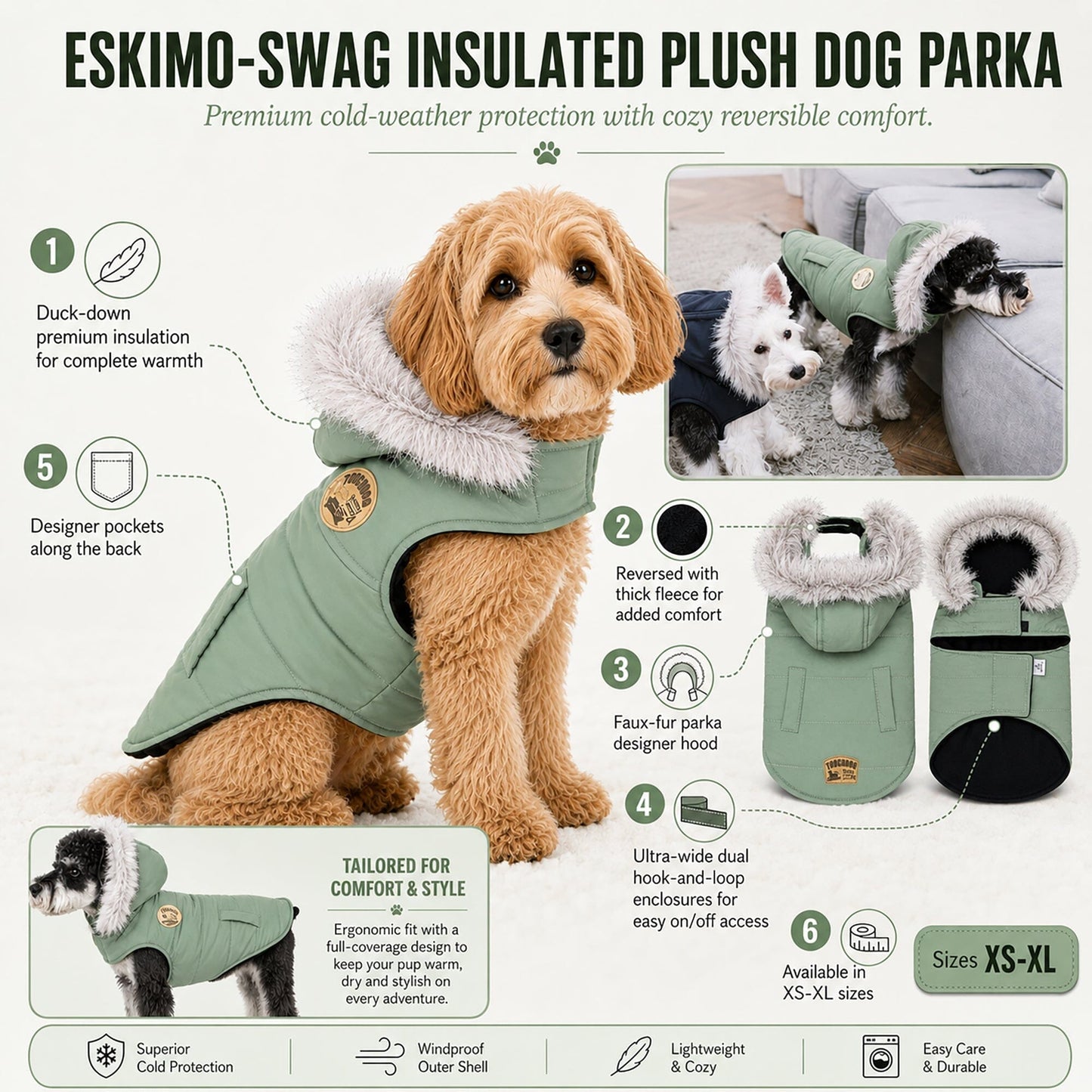 Touchdog 'Eskimo-Swag' Duck-Down Insulated Winter Dog Coat Parka