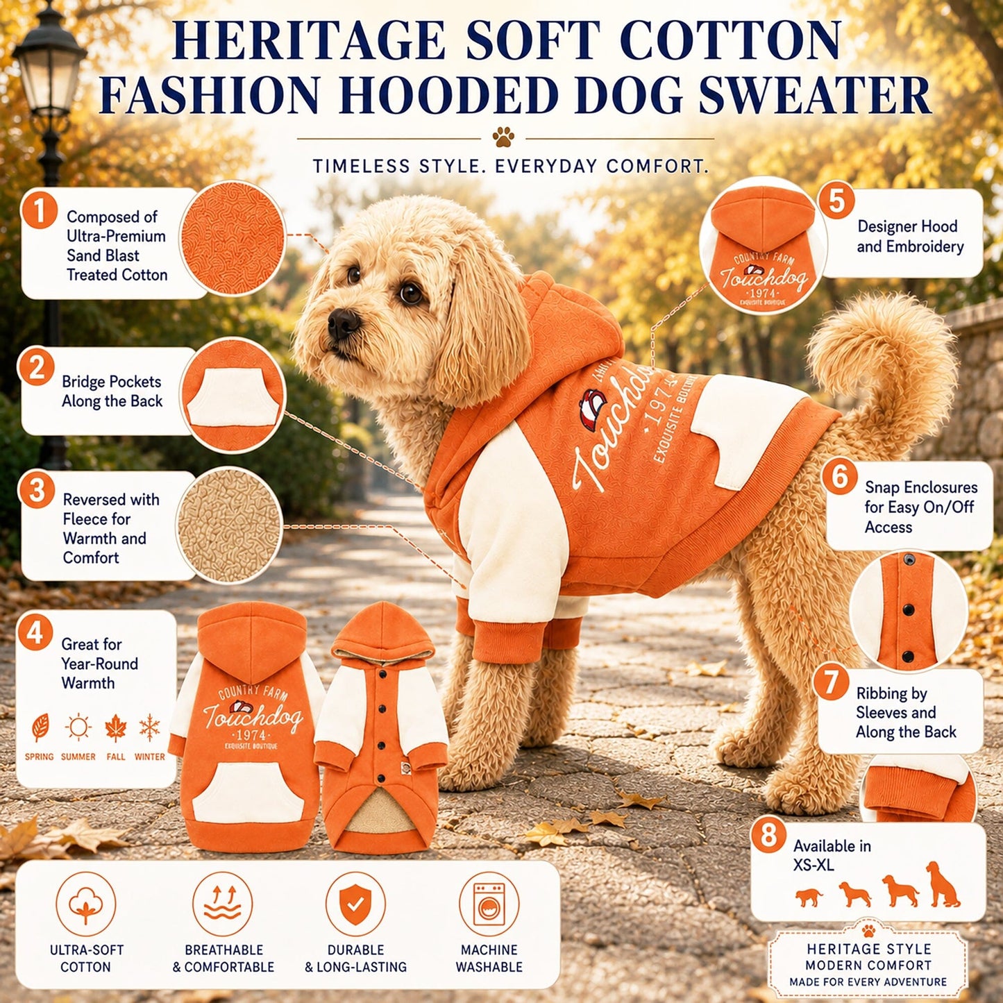 Touchdog 'Heritage' Soft-Cotton Fashion Dog Hoodie Sweater