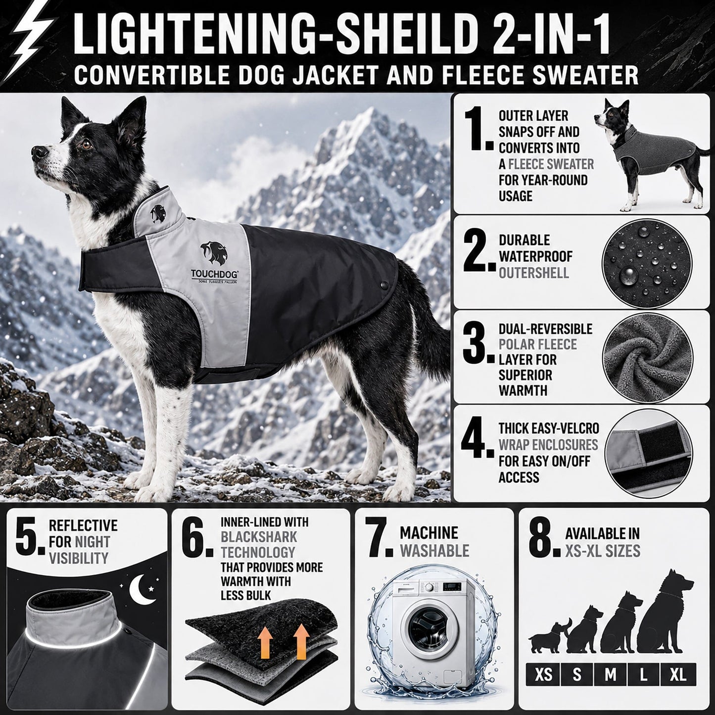 Touchdog ® Lightening-Shield 2-in-1 Dual-Removable-Layered Waterproof Dog Jacket