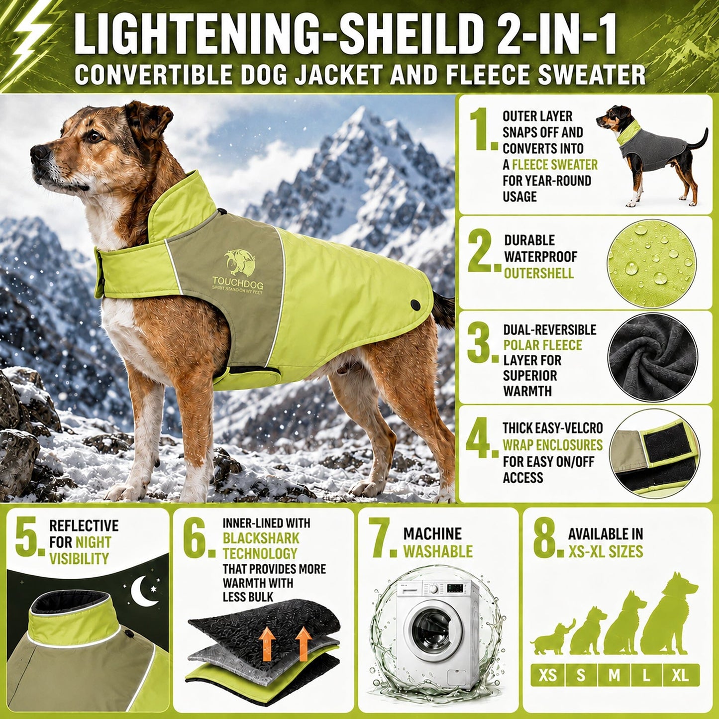 Touchdog ® Lightening-Shield 2-in-1 Dual-Removable-Layered Waterproof Dog Jacket