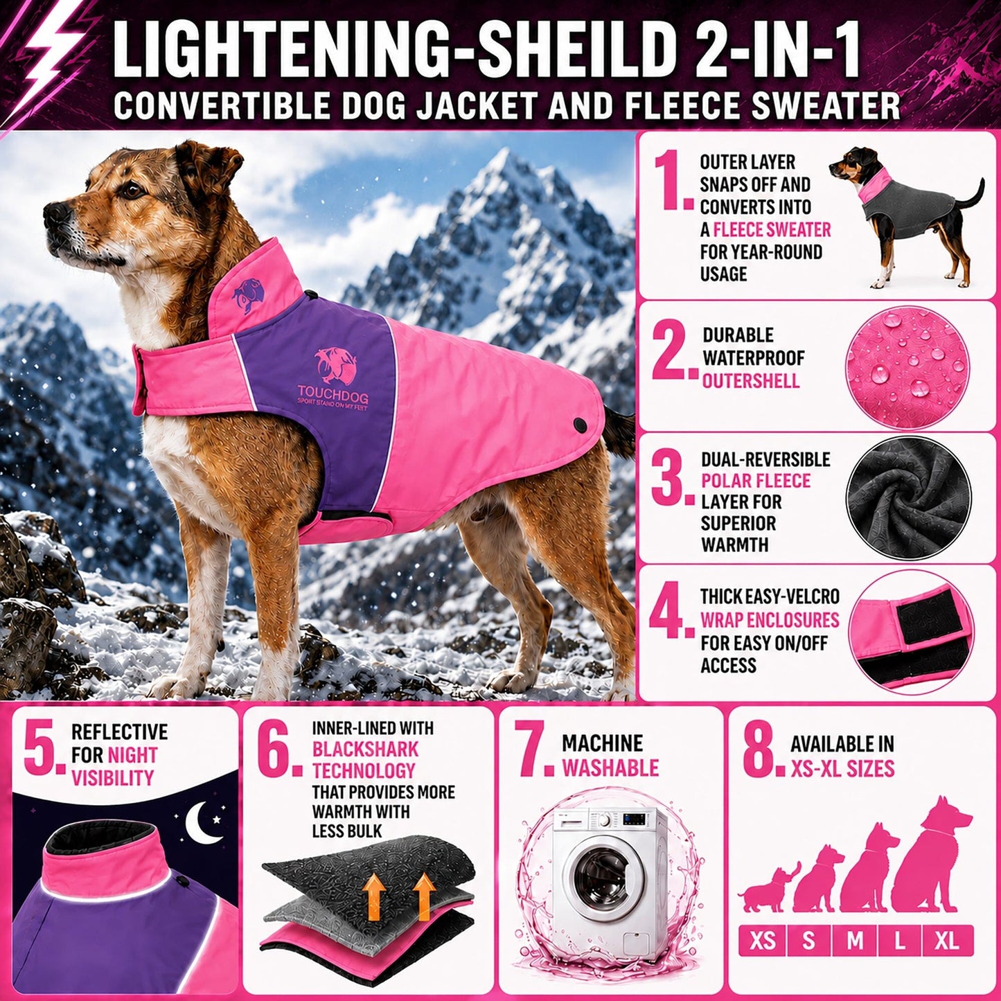 Touchdog ® Lightening-Shield 2-in-1 Dual-Removable-Layered Waterproof Dog Jacket