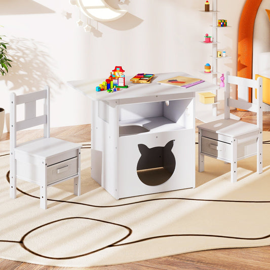 Kids Table and Chairs Set 3 Pieces Wooden Children Furniture with Cat House-White | Purrfect Pet Kingdom