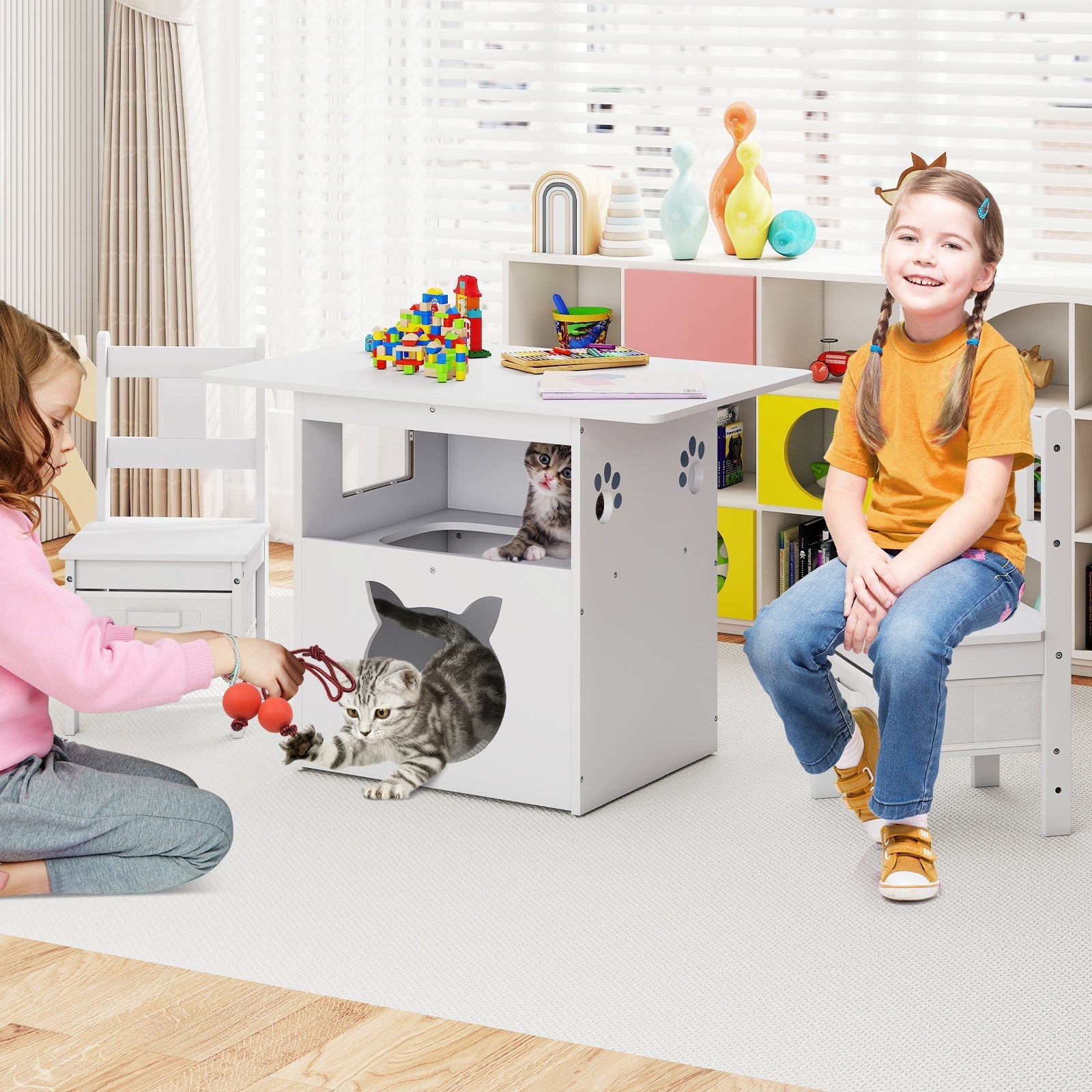 Kids Table and Chairs Set 3 Pieces Wooden Children Furniture with Cat House-White