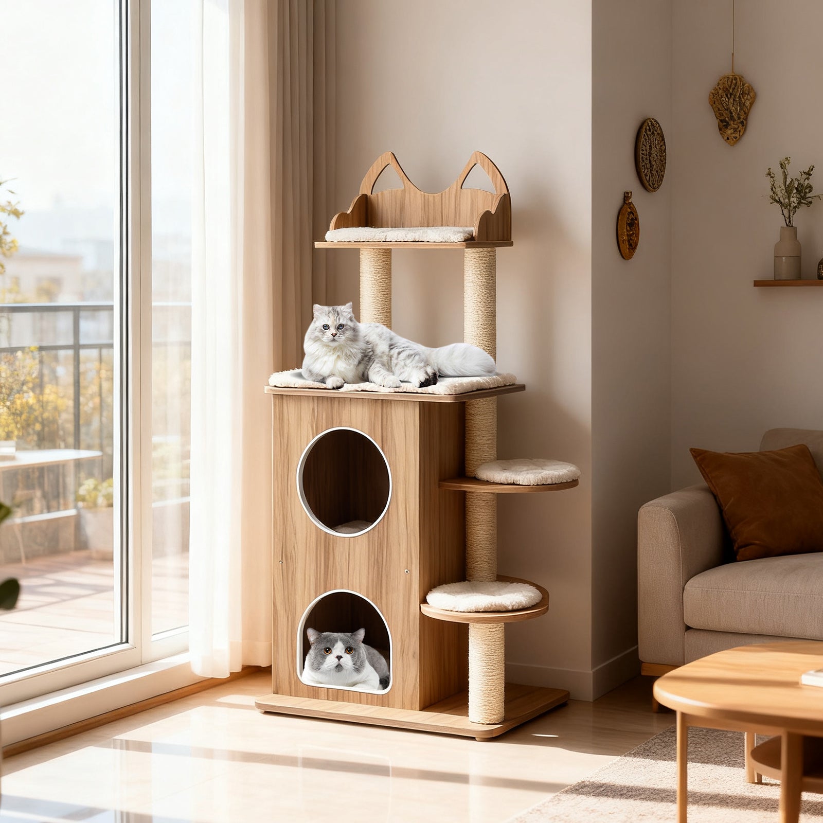 48 Inch Wooden Cat Tree with 2-Floor Condo and Washable Cushions-Natural - Majestic Pet Kingdom