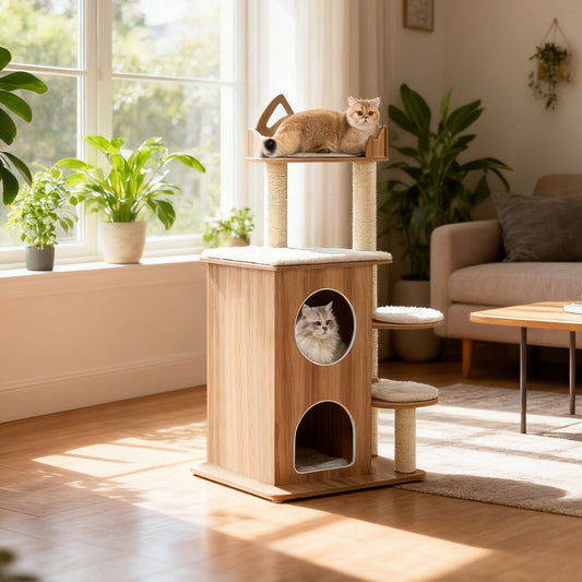 48 Inch Wooden Cat Tree with 2-Floor Condo and Washable Cushions-Natural - Majestic Pet Kingdom