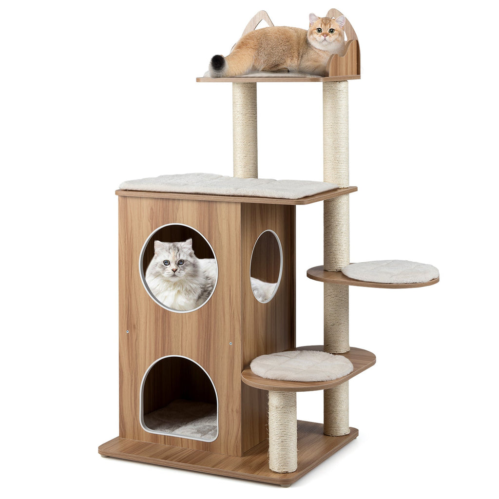 48 Inch Wooden Cat Tree with 2-Floor Condo and Washable Cushions-Natural - Majestic Pet Kingdom