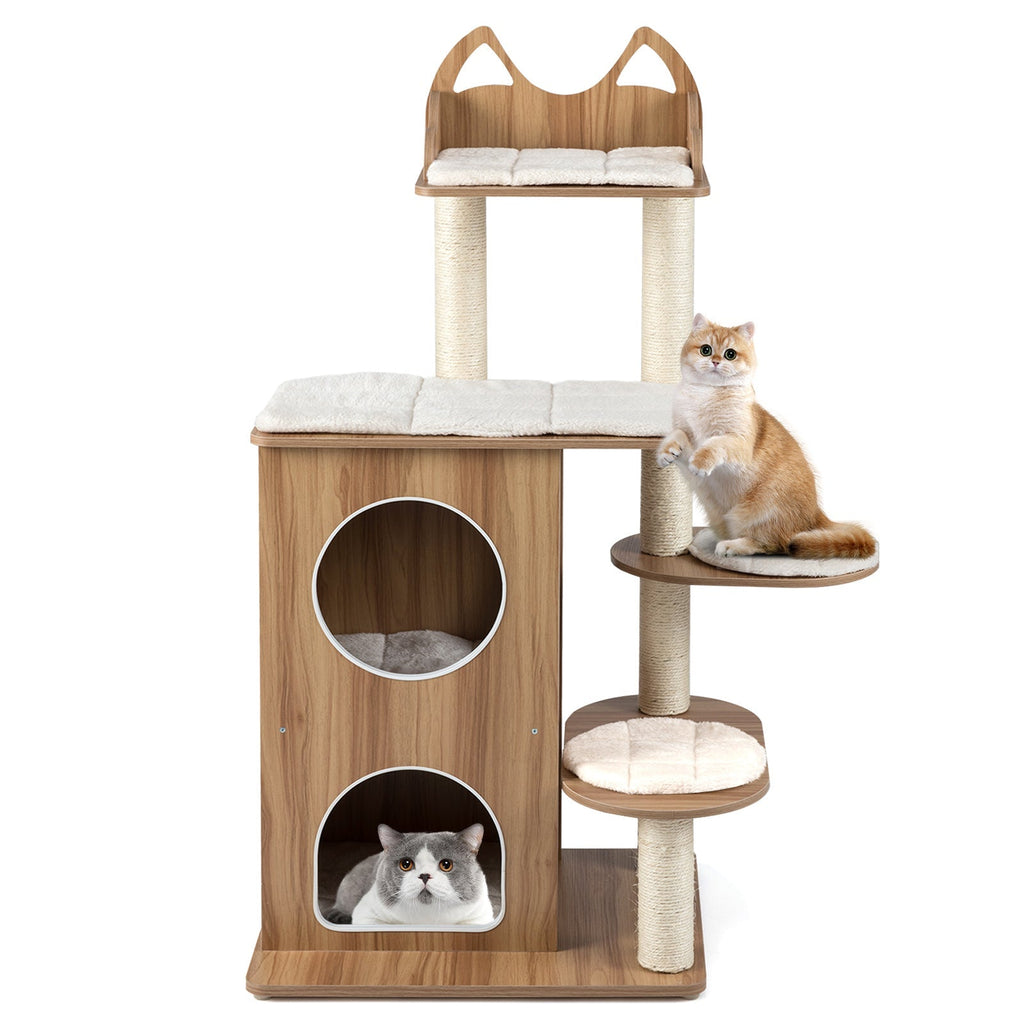 48 Inch Wooden Cat Tree with 2-Floor Condo and Washable Cushions-Natural - Majestic Pet Kingdom