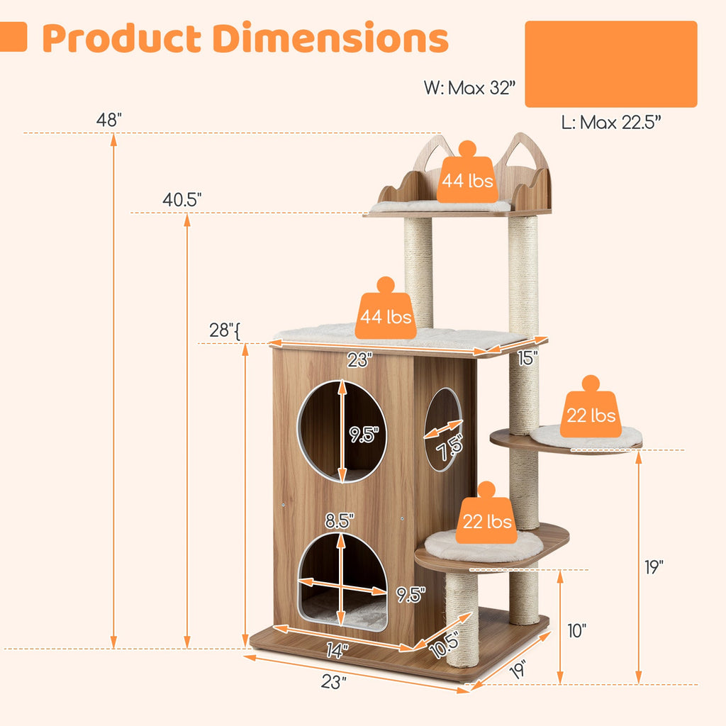 48 Inch Wooden Cat Tree with 2-Floor Condo and Washable Cushions-Natural - Majestic Pet Kingdom