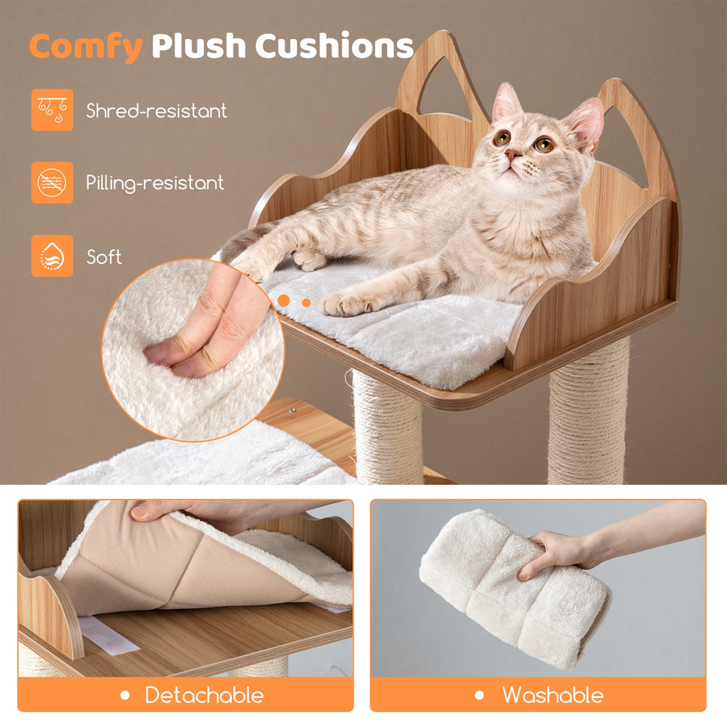 48 Inch Wooden Cat Tree with 2-Floor Condo and Washable Cushions-Natural - Majestic Pet Kingdom
