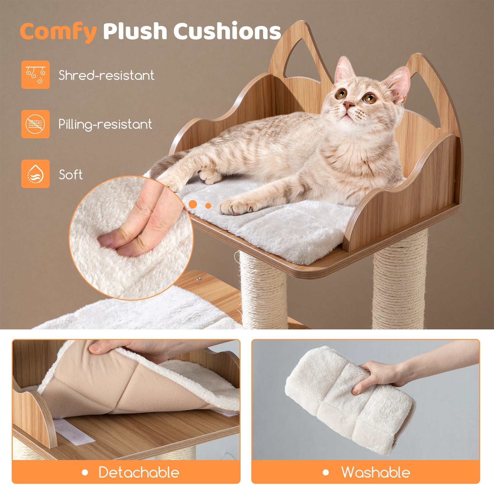 48 Inch Wooden Cat Tree with 2-Floor Condo and Washable Cushions-Natural - Majestic Pet Kingdom